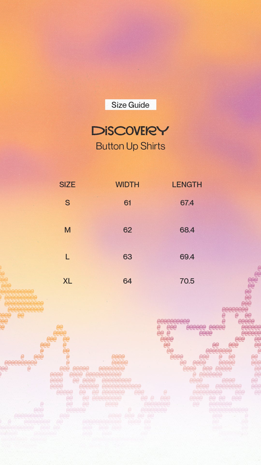 Size guide for Discovery button-up shirts with a colorful gradient background