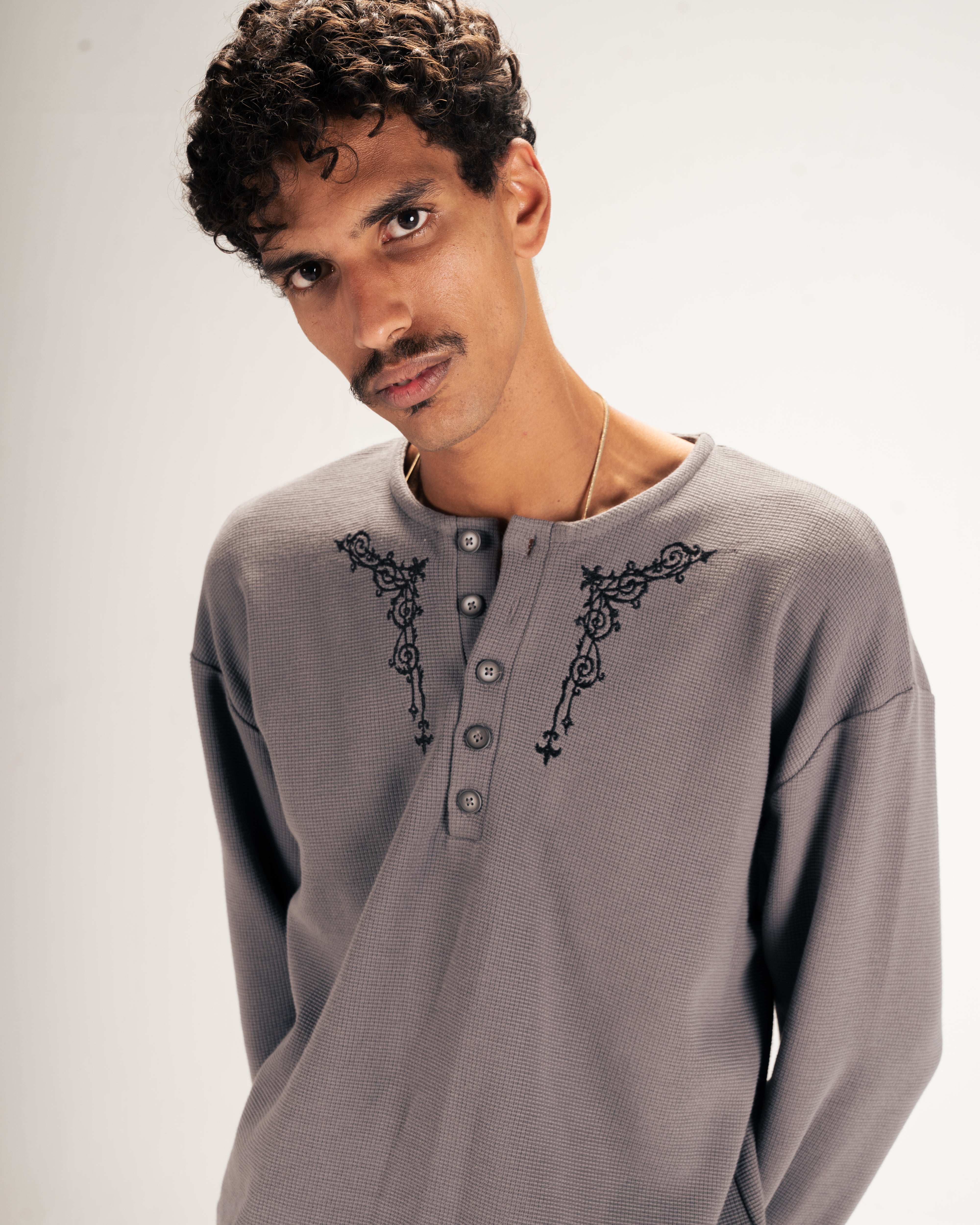 Embroidered Waffle Henley