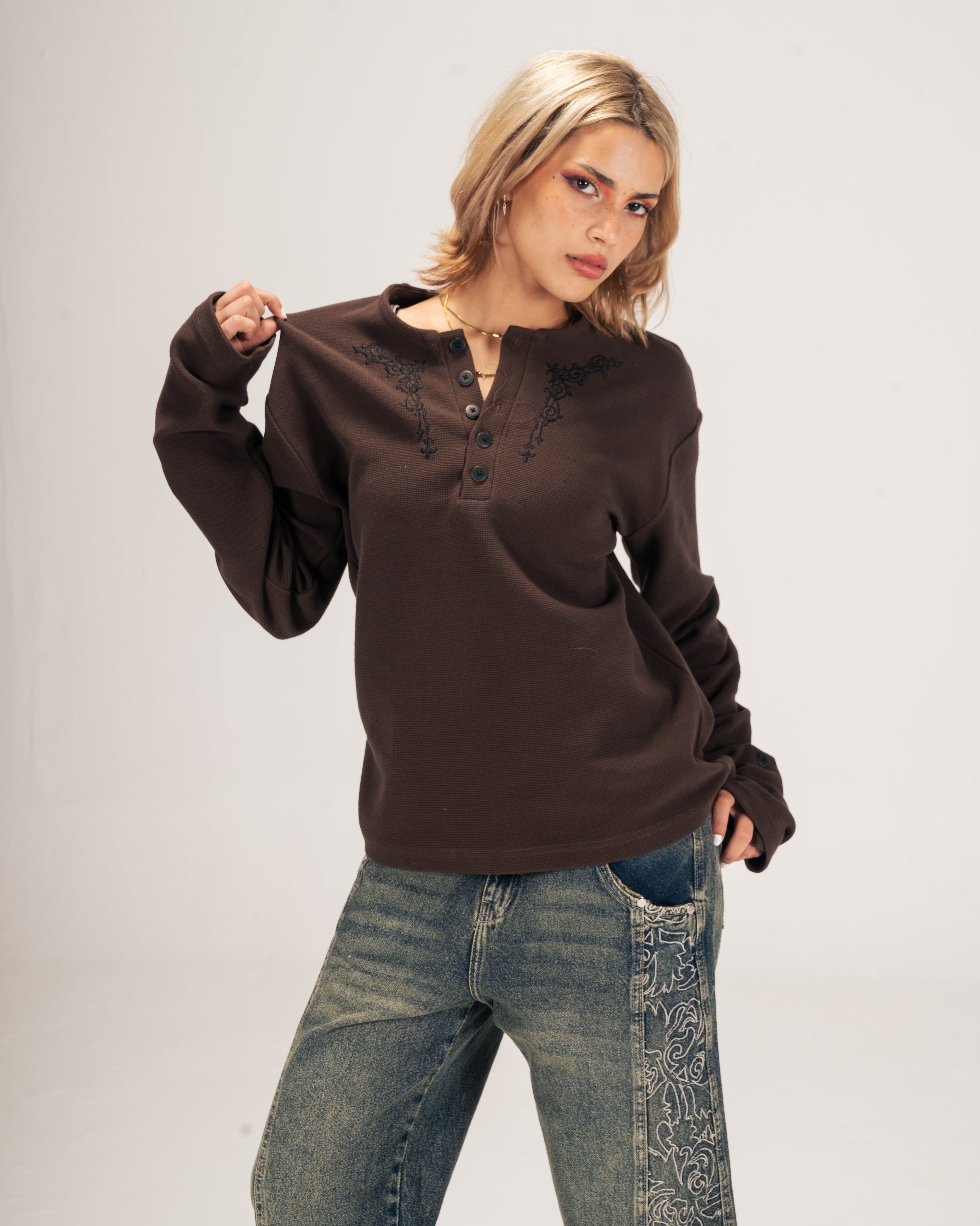 Embroidered Waffle Henley