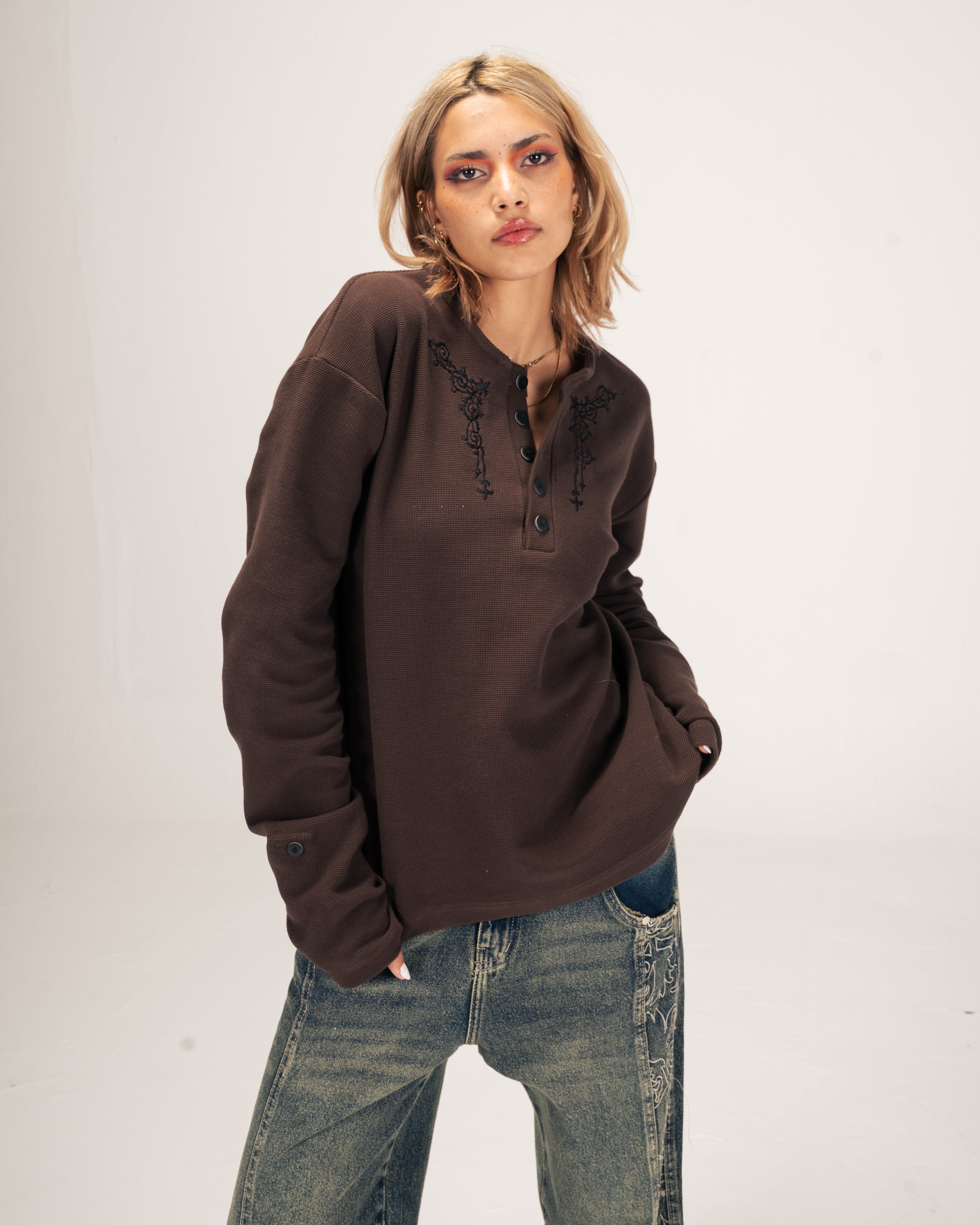 Embroidered Waffle Henley