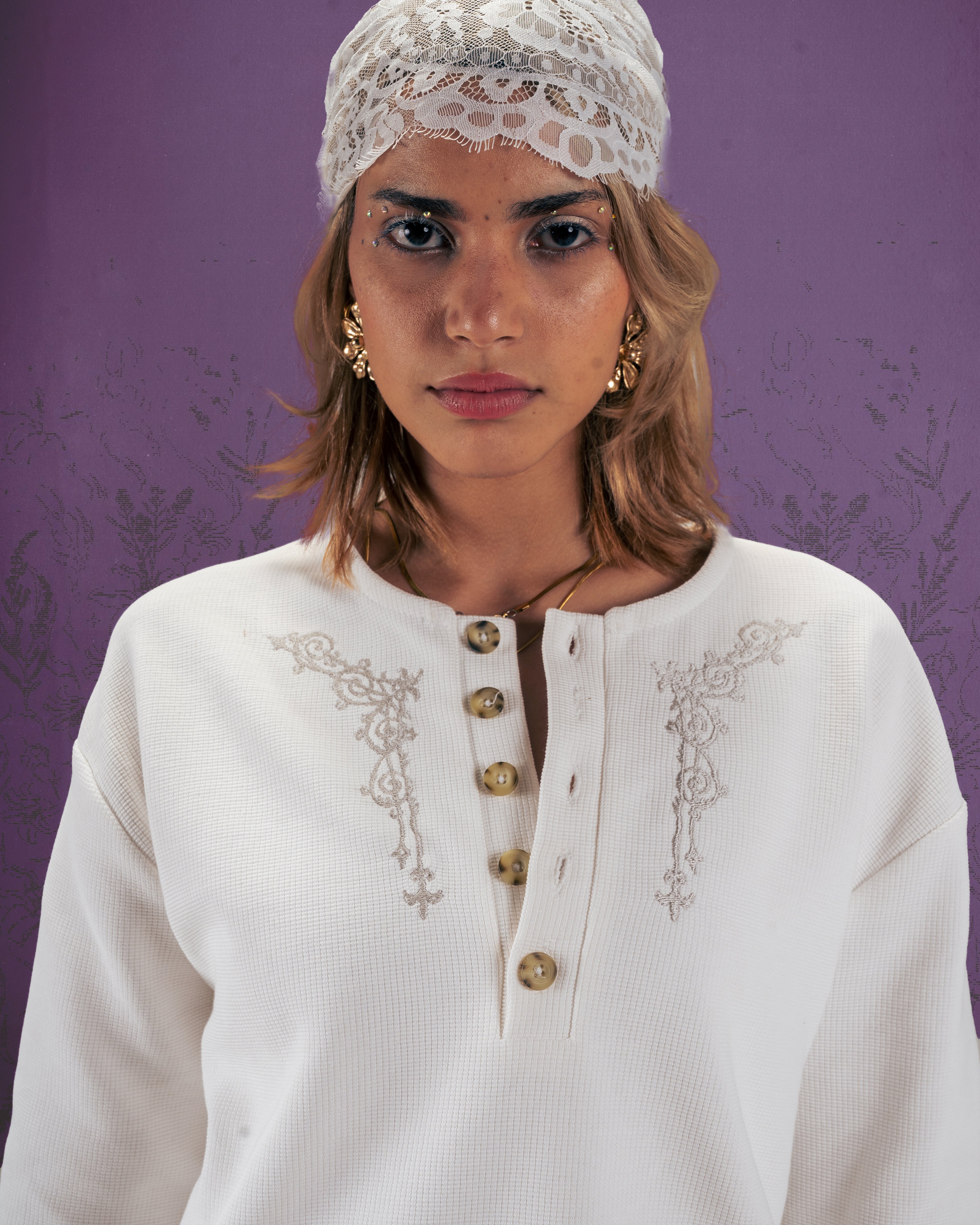 Embroidered Waffle Henley