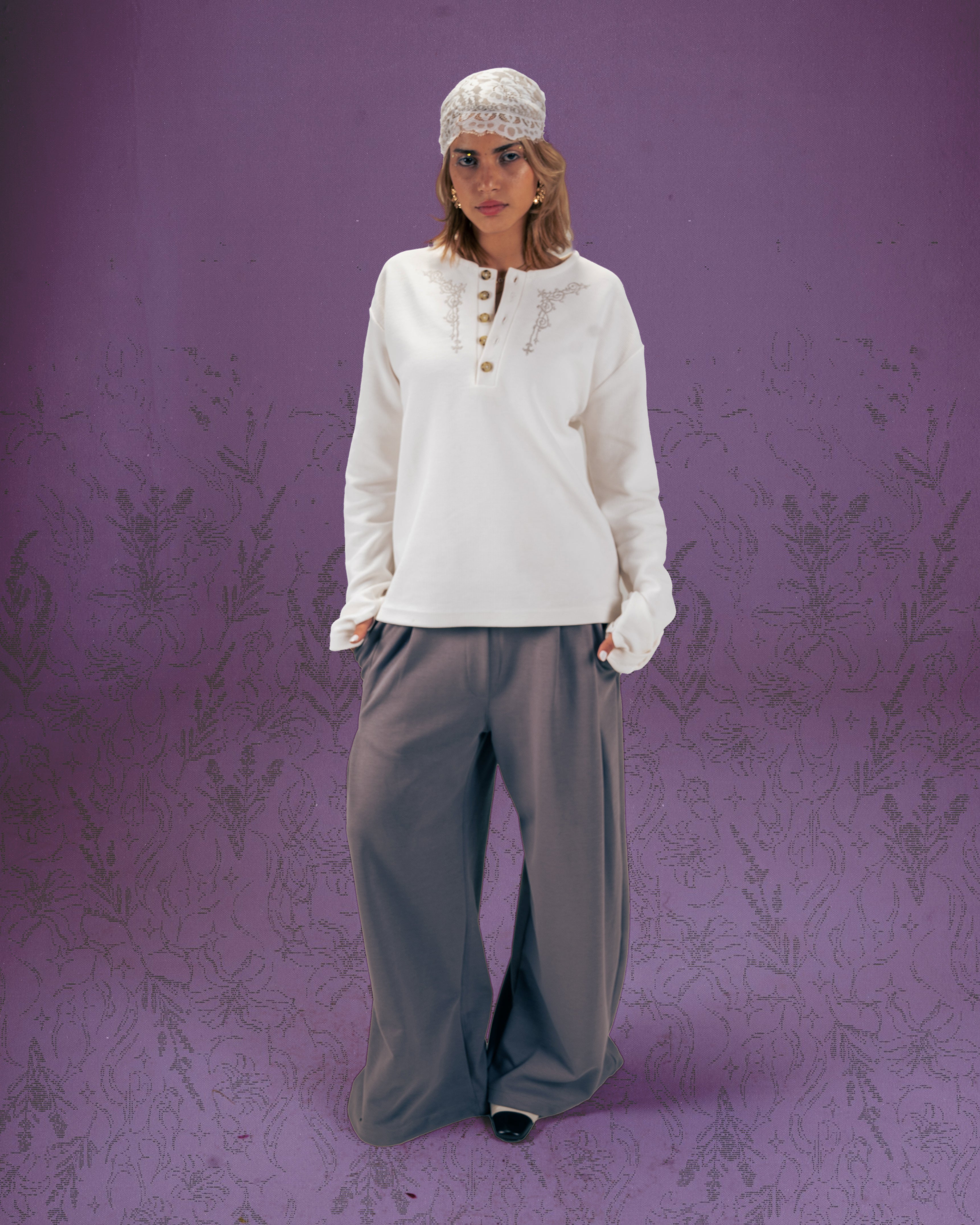 Embroidered Waffle Henley