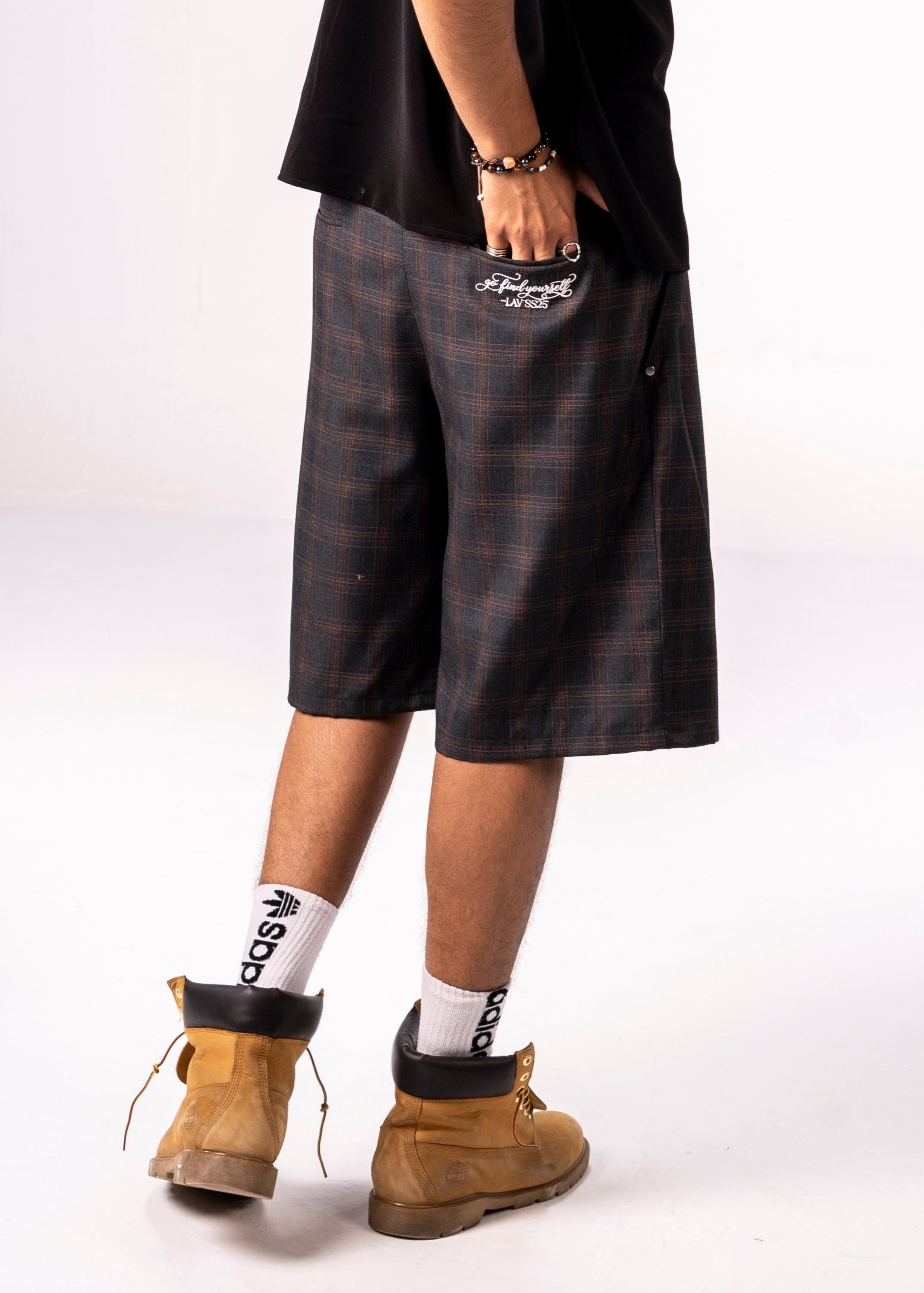 Person wearing a black shirt and dark shorts on a white background