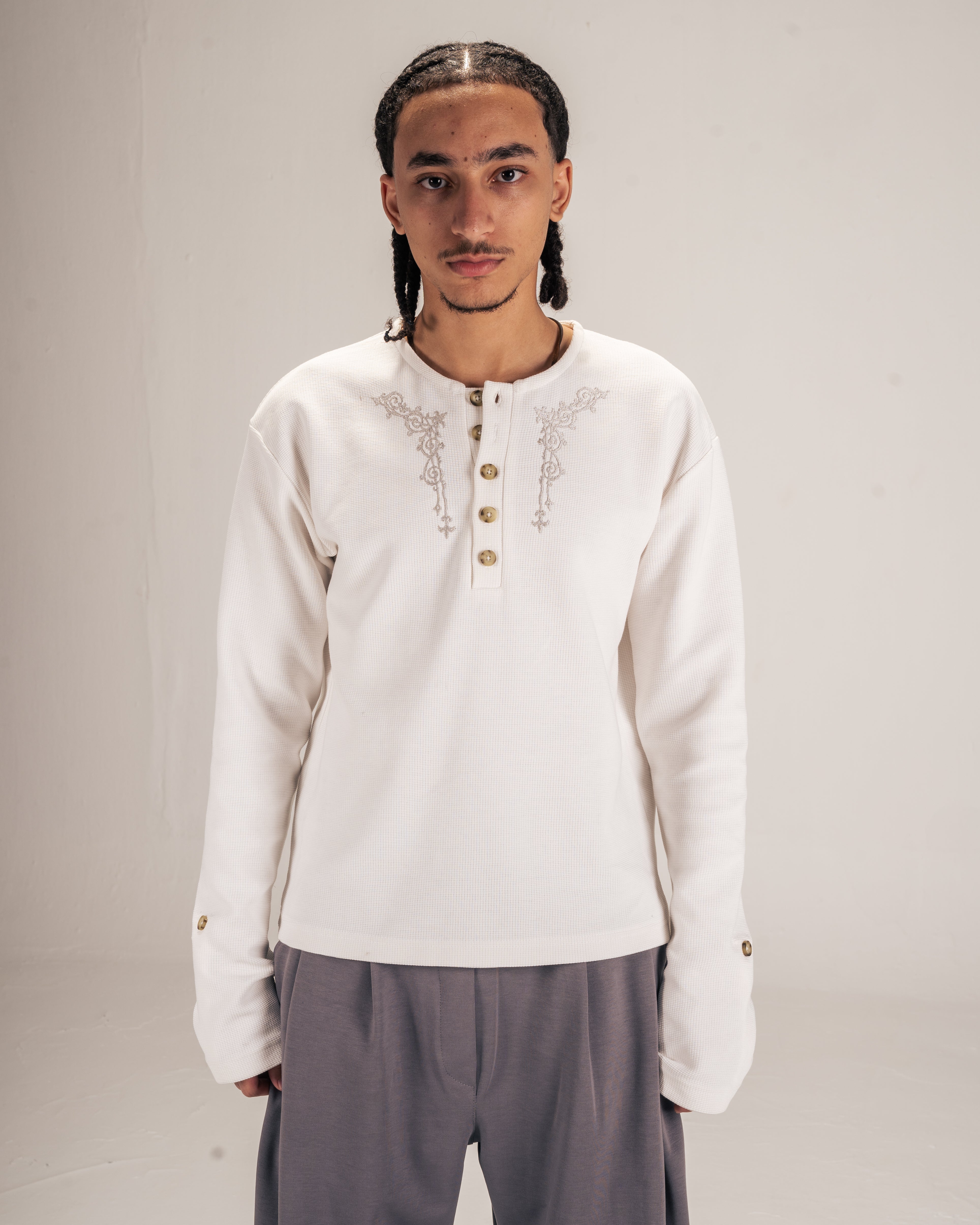 Embroidered Waffle Henley