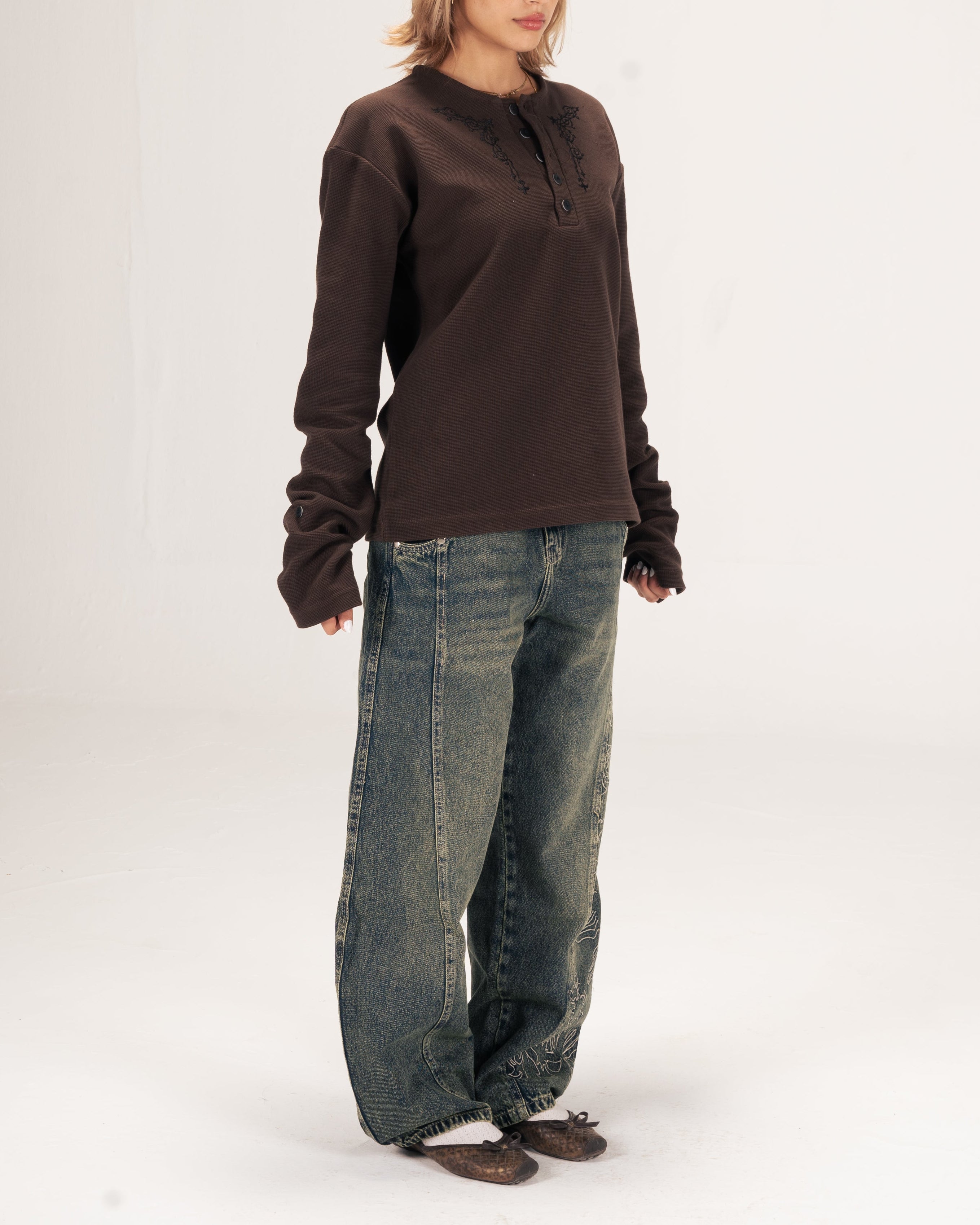 Embroidered Waffle Henley