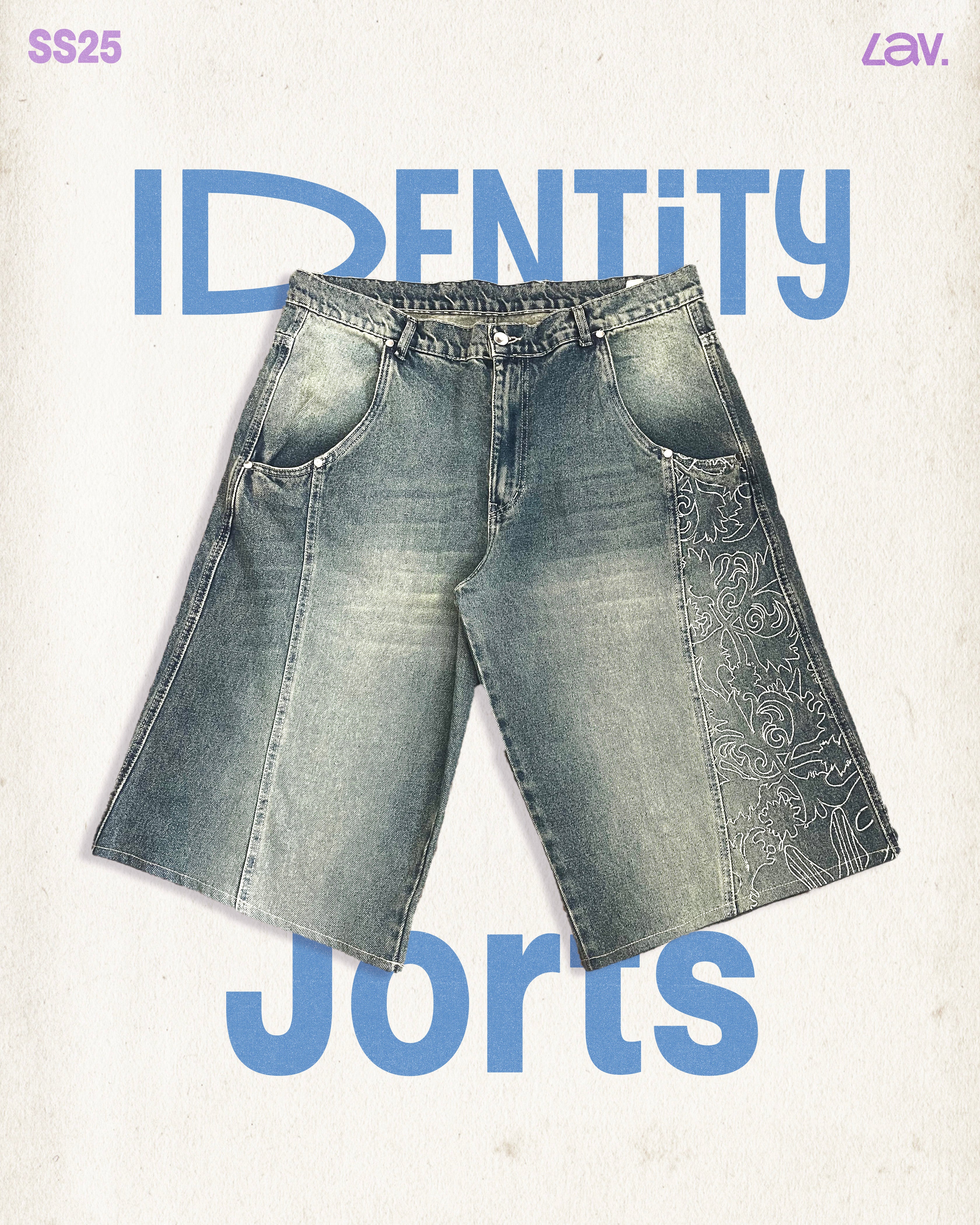 Denim shorts with 'Identity' branding on a light gray background